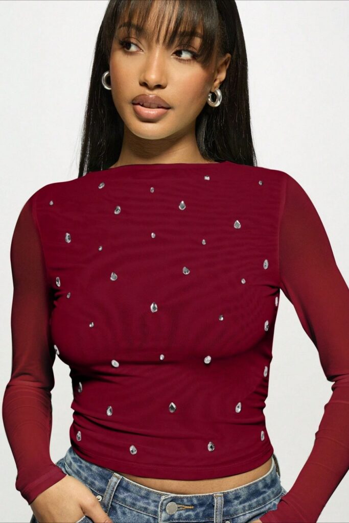Double Layer Tulle Rhinestone Chic Long Sleeve Tee